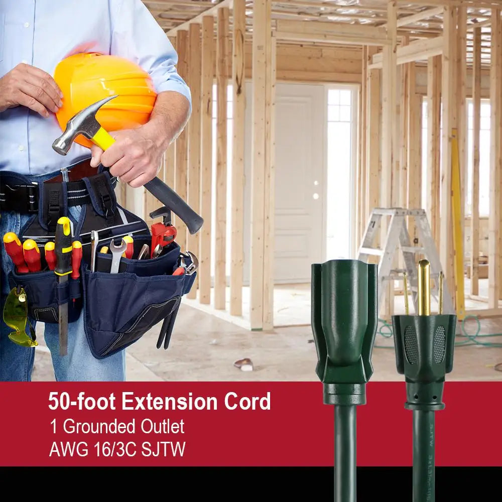 50FT Green Single Outlet Extension Cord